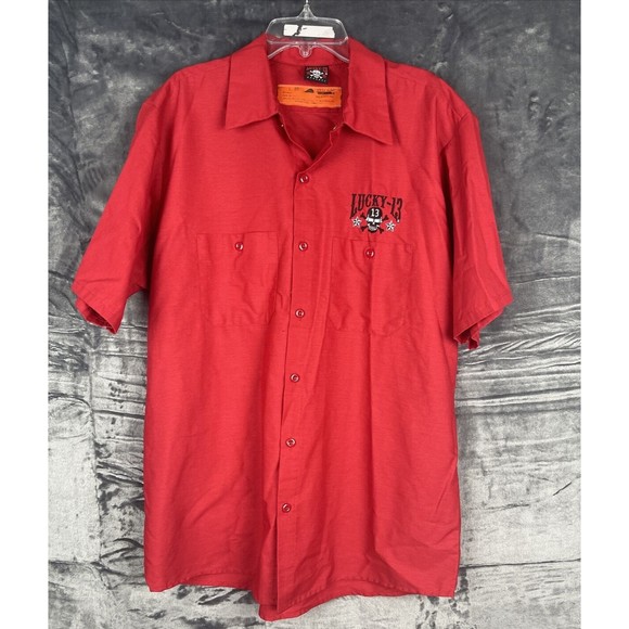 Vintage Lucky 13 Button Up Shirt Size L Red With Black Skull Design - Picture 1 of 10